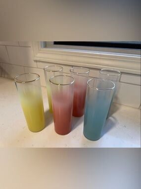 MCM Set of 6 WV Glass “Blendo” Ombre Pastel Glass Tumblers with Gold Rim